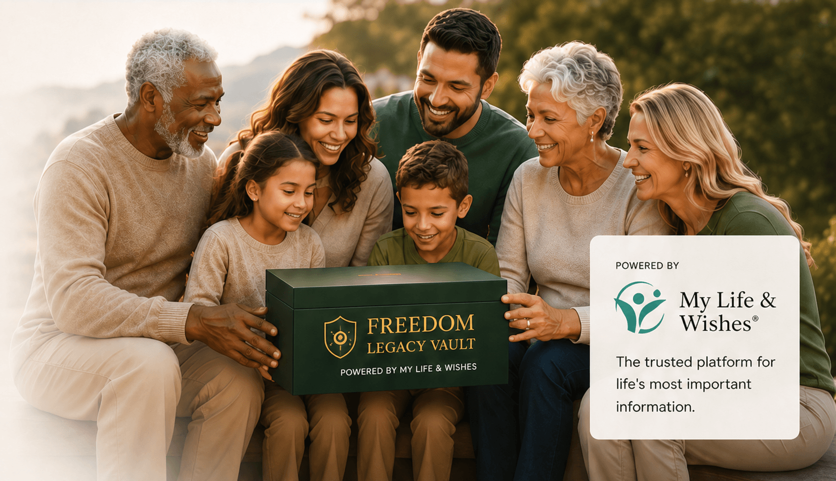 Multigenerational family gathered around the green Freedom Legacy Vault box at sunset